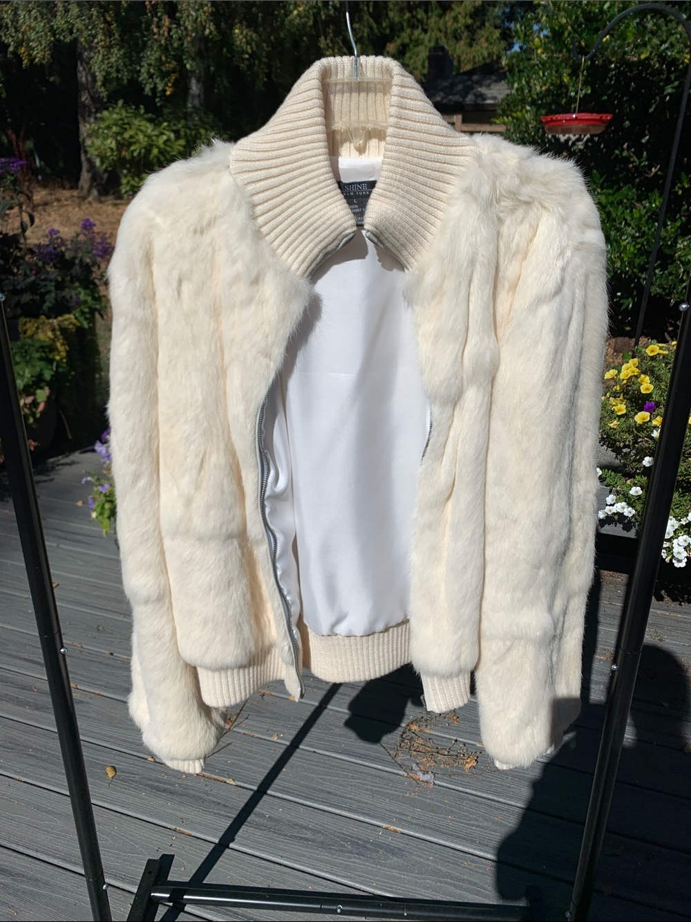 Women's Rabbit Fur Bomber Jacket with Ribbed Collar